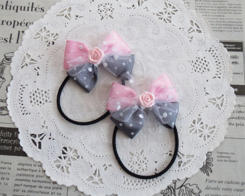 ☆ 再販 りぼん ヘアゴム 水玉 ピンク グレー ダブルリボン キッズ