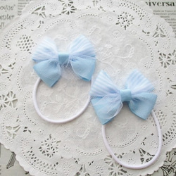 ☆ 再販 りぼん ヘアゴム 水色 ストライプ チュール ダブルリボン