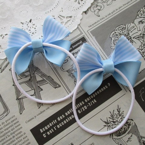 ☆ 再販 りぼん ヘアゴム 水色 ストライプ チュール ダブルリボン