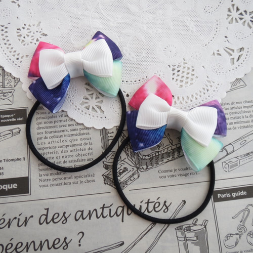 ☆ 再販 りぼん ヘアゴム 宇宙 マーブル 白 リボントリプルリボン  