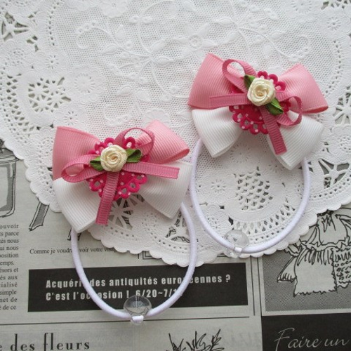 ダブルリボン ヘアゴム ♡ベビーピンク♡ オーダー♡花付ダブル