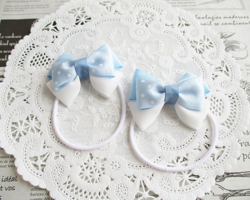 ☆ 再販 りぼん ヘアゴム 水色 白 水玉 トリプルリボン キッズ リボン