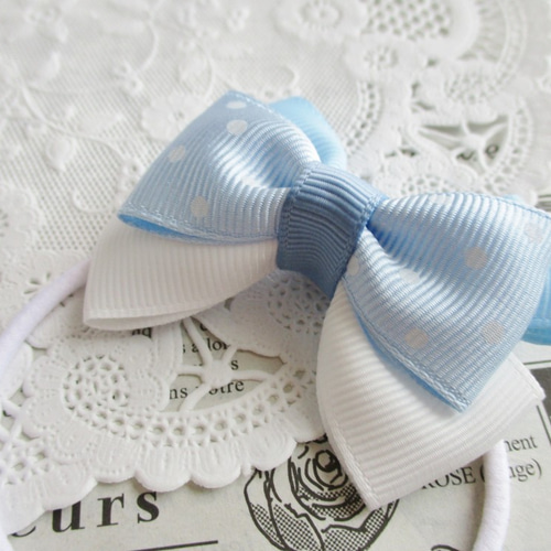 ☆ 再販 りぼん ヘアゴム 水色 白 水玉 トリプルリボン キッズ リボン