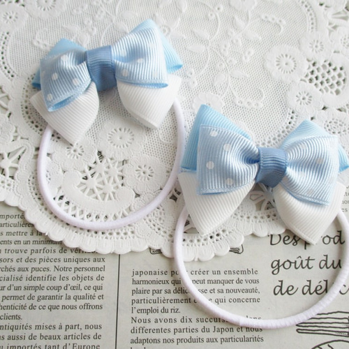 ☆ 再販 りぼん ヘアゴム 水色 白 水玉 トリプルリボン キッズ リボン