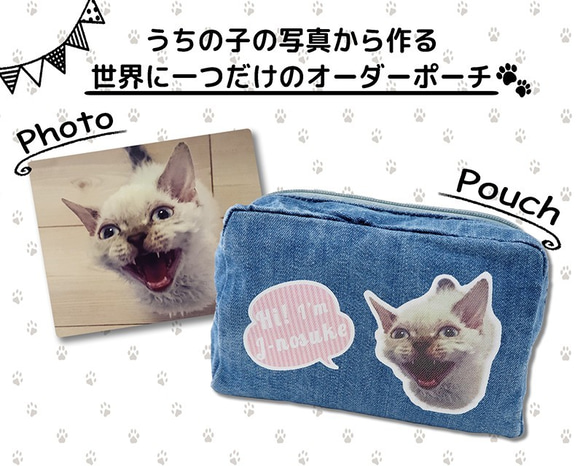 オーダーメイド　うちのこデニムポーチ　名入れ　ペット　写真　オリジナルグッズ　犬　猫　鳥　うさぎ　ギフト 2枚目の画像