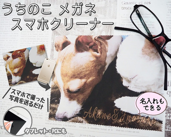 オーダーメイド　うちのこメガネスマホクリーナー　名入れ　メガネ拭き　ペット　写真　オリジナルグッズ　犬　猫　鳥　ギフト 1枚目の画像