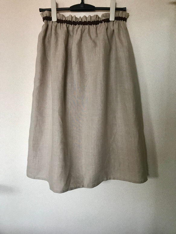 お値下げしました。¥6800→¥5600 グログランリボン付きリネンのギャザースカート 2枚目の画像