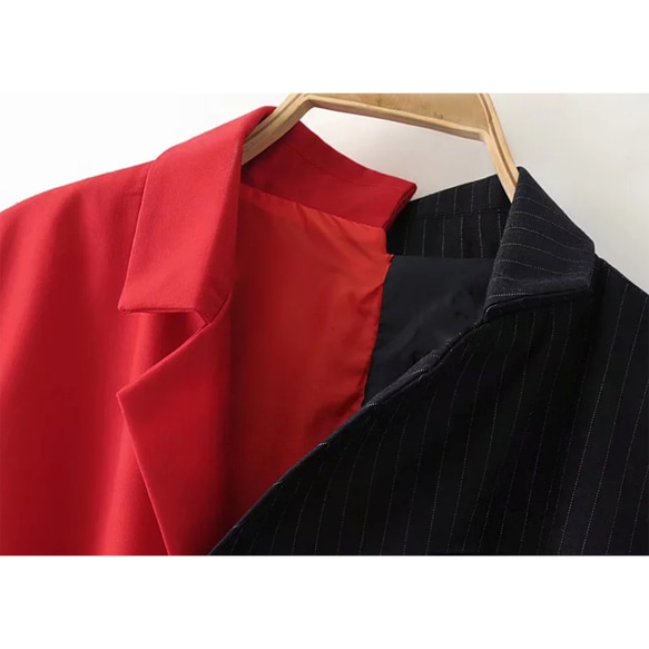 紅色直條紋西裝拼接Kimono Jacket 第4張的照片