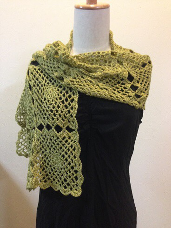 うぐいす色のモチーフつなぎストール ストール knit house muu 通販