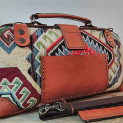 革と布のダレスバッグ「ショコラ」　ゴブラン生地幾何学柄nicoma 3枚目の画像