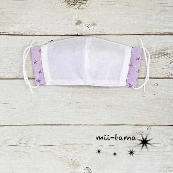 布マスク 子供用 大 天然素材 コットン(リボンと水玉柄 薄紫色×パープル×白色)(白色) 3枚目の画像