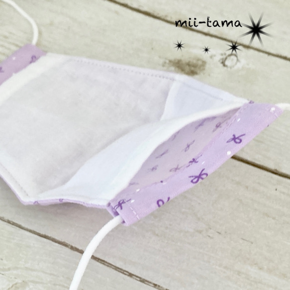 布マスク 子供用 大 天然素材 コットン(リボンと水玉柄 薄紫色×パープル×白色)(白色) 4枚目の画像