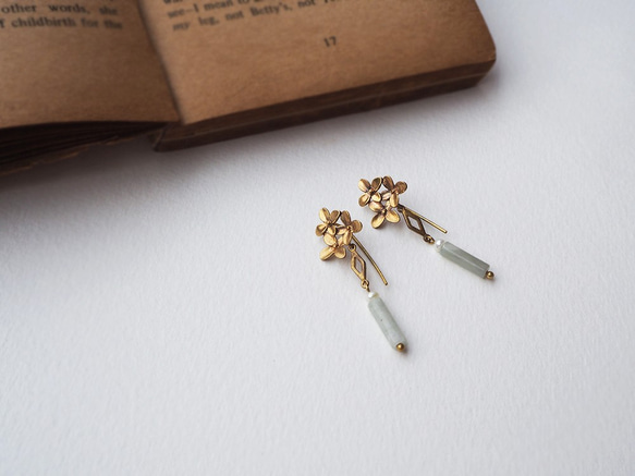 黃銅耳環 三朵小花瓣葉 菱形 天河石 天然珍珠 耳環耳勾  輕珠寶 半寶石 B02 第2張的照片
