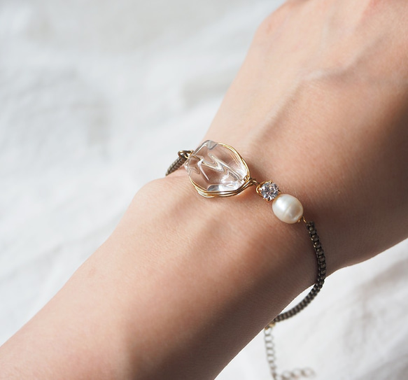 冰涼澄澈 透明水晶 白水晶 天然石珍珠鋯石手鍊 黃銅手鍊 輕珠寶 B19 第5張的照片