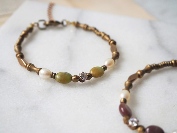 紫東陵 菜綠石 鋯石 天然珍珠 輕珠寶 黃銅手鍊  B33 第2張的照片