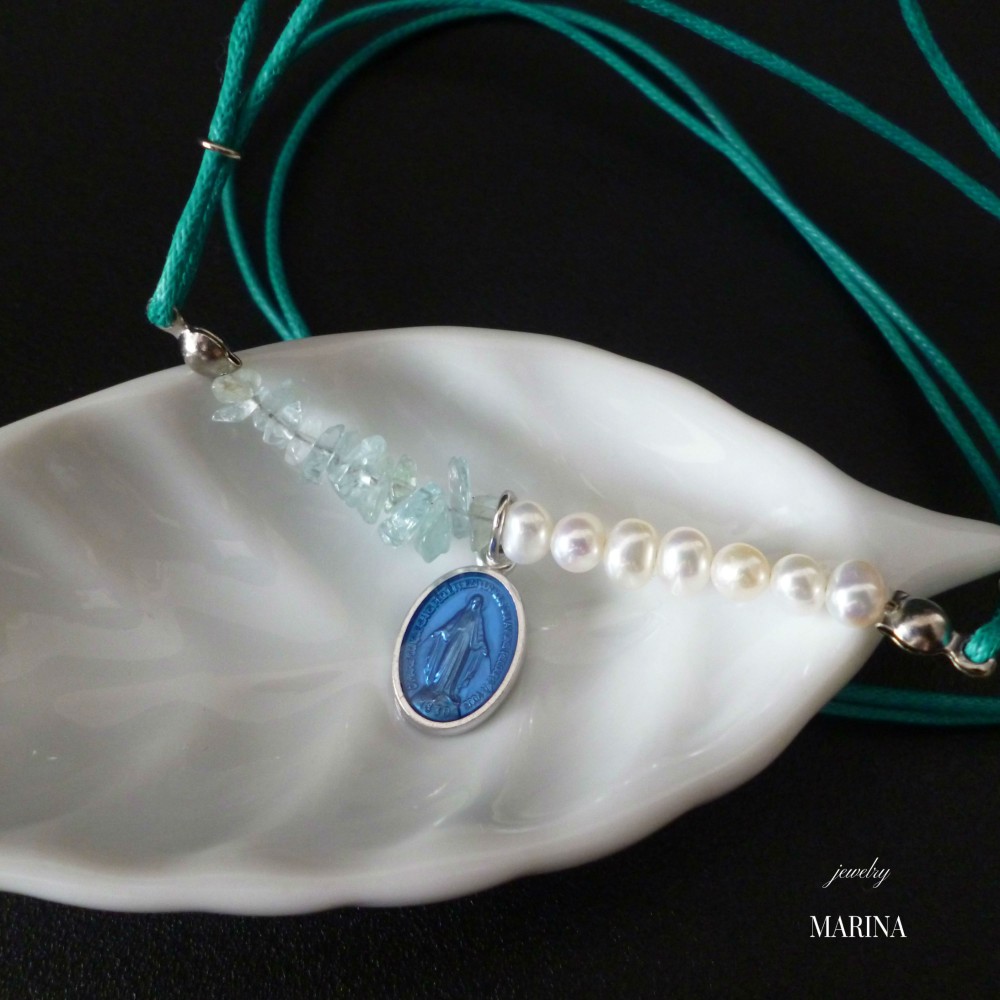 2way [フランス奇跡のメダイ] necklace∞ブレスレット - 真珠*アクアマリン