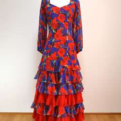 フラメンコ衣装　シフォンジョーゼット青地赤ばら柄　一点物　（Q-1) 1枚目の画像