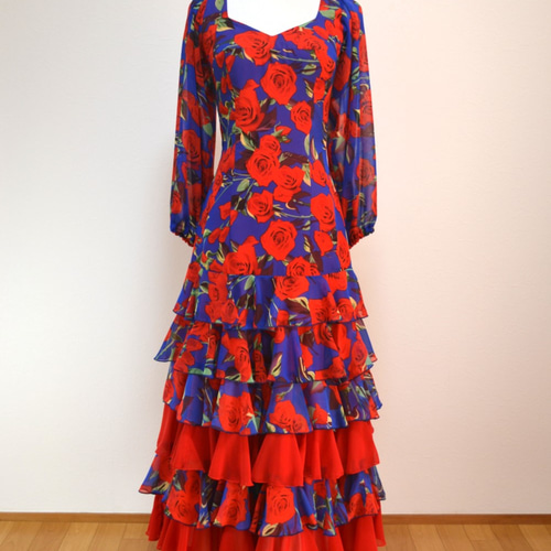 フラメンコ衣装 シフォンジョーゼット青地赤ばら柄 一点物 （Q-1