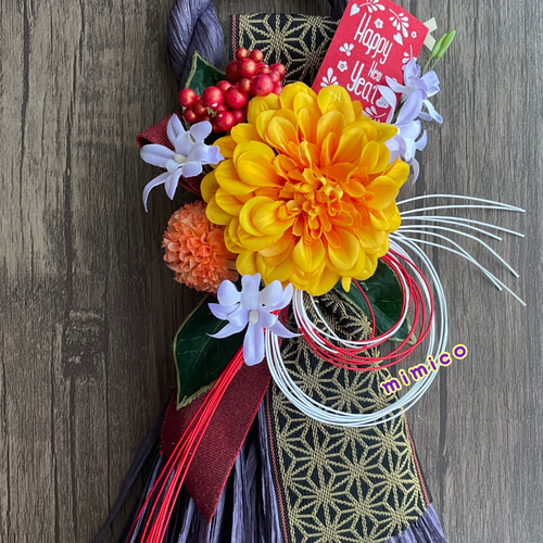 2022 迎春 ジニアとデンファレ 畳縁のお正月飾り4 タッセルリース