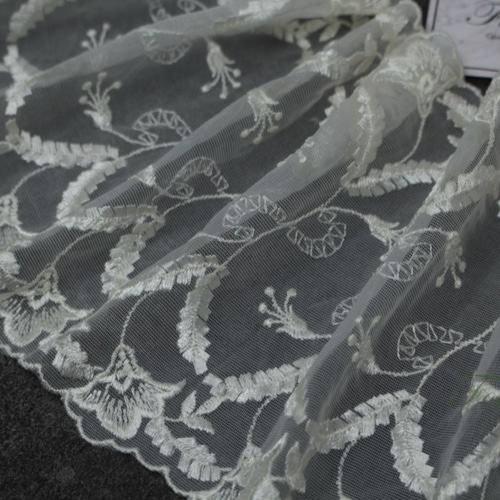 両山チュール刺繍レース 0.5m 葉 花 アイボリー (LLFA72IVSJRY