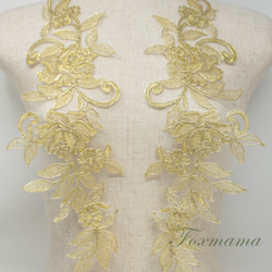 No.1732 大型 刺繍  モチーフ 金糸入り 2枚 チュールコード刺繍モチーフ 1対 花 金色 (MFLC82GLSHJL) レース