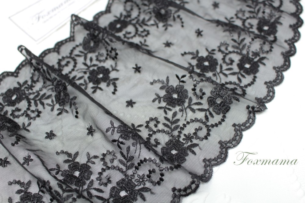 両山チュール刺繍レース 0.5m 花 葉っぱ 黒 (LFLA72BKHYRY
