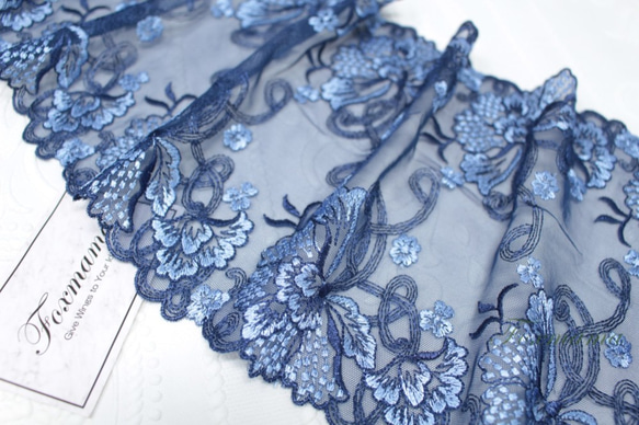 両山チュール刺繍レース 0.5m 花 青系 (LFLA92BLHYRY) レース Foxmama 