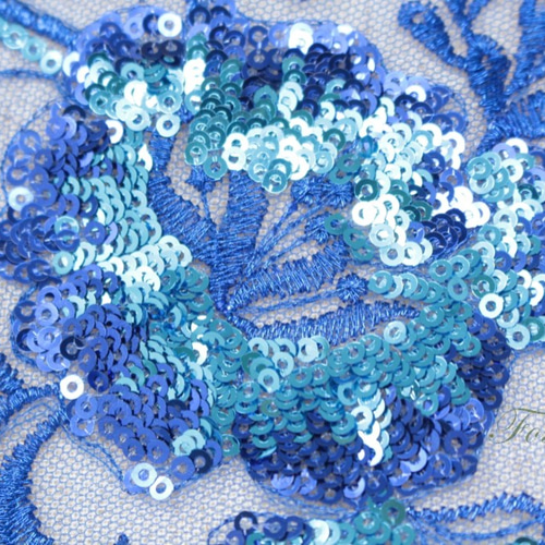 チュール刺繍モチーフ 1枚 花 スパンコール付 青系