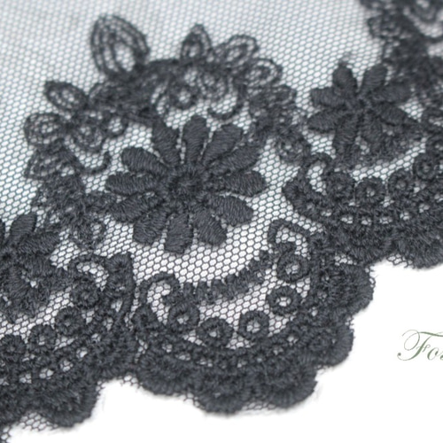 片山チュール綿刺繍レース 1m 花 黒 (LFL652BKHWKY) レース Foxmama