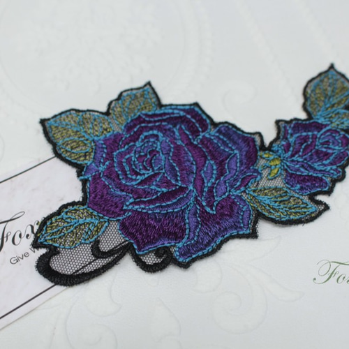 チュール刺繍モチーフ 1枚 アップリケ バラ 花 紫 (MRSA42PPHW00 
