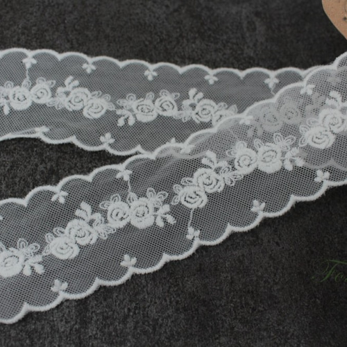 チュール刺繍レース 1m 花 バラ スカラップ 両山 キナリ