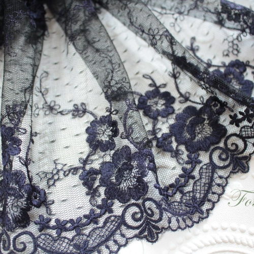 チュールレース　ボネ チュール幅広レース 0.5m 花 両山 黒チュールx紫味のあるネイビー