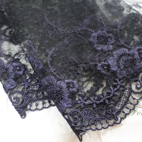 チュールレース　ボネ チュール幅広レース 0.5m 花 両山 黒チュールx紫味のある