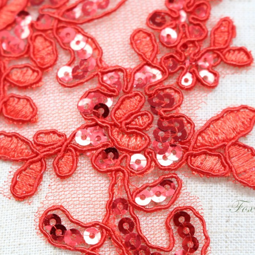 チュールコード刺繍モチーフ 1対 スパンコール付き 花 赤