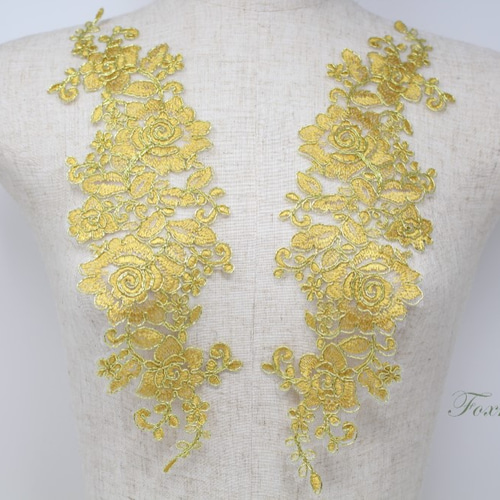 チュールコード刺繍モチーフ 1対 花 金ラメx黄色 (MFLC32YLJLJL チュールコード刺繍モチーフ 1対 花 金ラメx黄色 (MFLC32YLJLJL