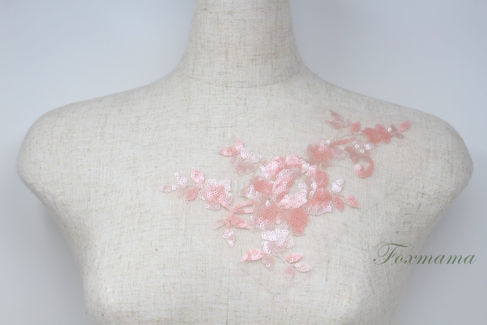 チュールスパンコール刺繍モチーフ 1枚 花 フラワー ピンク