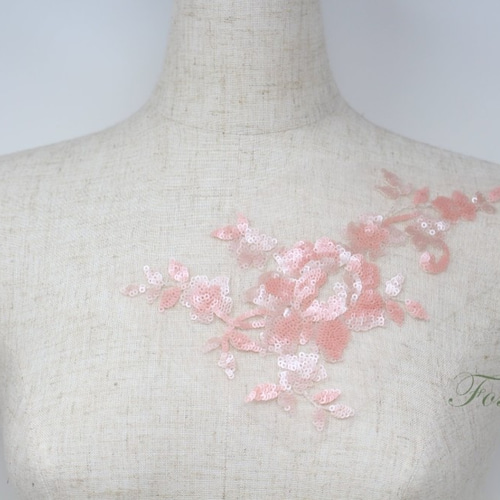 チュールスパンコール刺繍モチーフ 1枚 花 フラワー ピンク