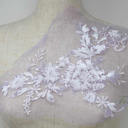 チュールスパンコール刺繍モチーフ 1枚 花 フラワー 薄紫