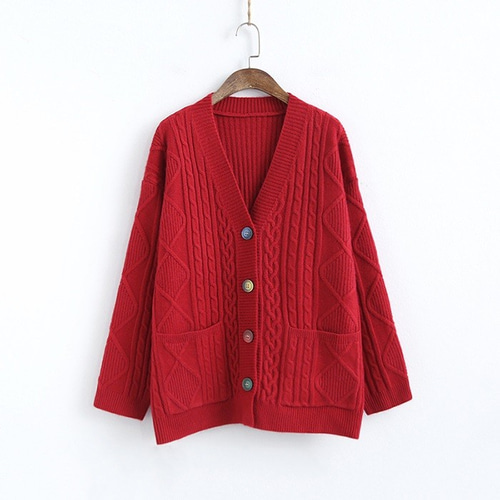 秋冬 ニットカーディガン ゆったり ケーブル編み ポケット付き 6色展開