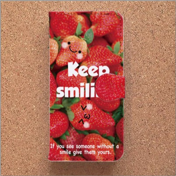 iPhone Android スマホケース 手帳型 ケース 可愛い かわいい イチゴ 苺 英文 オシャレ フルーツ 2枚目の画像