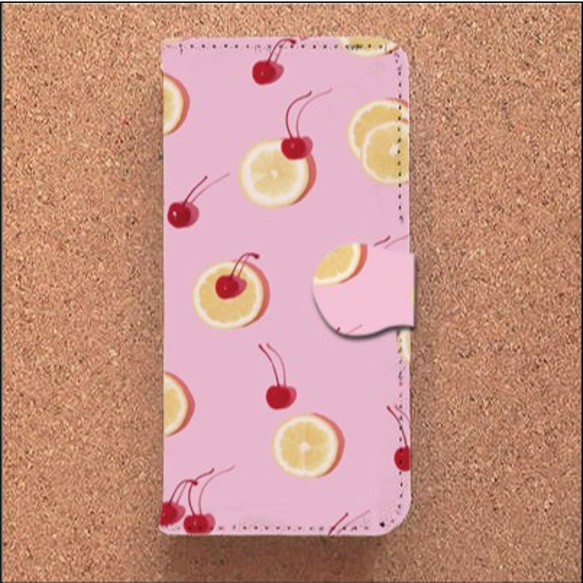 iPhone Android スマホケース 手帳型 ケース 可愛い おしゃれ ピンク サクランボ レモン フルーツ 2枚目の画像