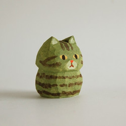 木彫り人形ねこ　緑トラねこ　[CWF-147] 2枚目の画像