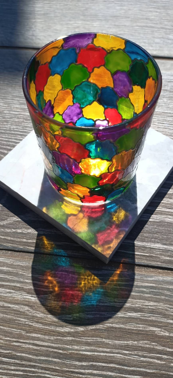 カラフルなガラス塗装キャンドルホルダー-木製トップカバー付き 4枚目の画像