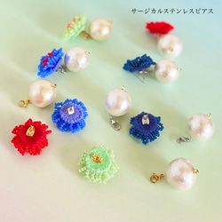 flower刺繍2wayパール耳飾り［サファイアブルー］ビーズ刺繍　ピアス／イヤリング 4枚目の画像