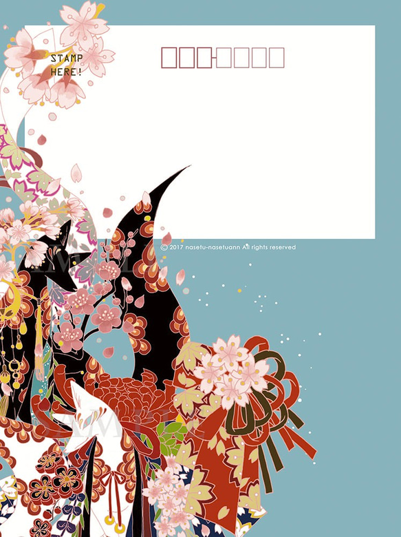 大判・ポストカード桜と狐ブルー　2枚セット 2枚目の画像