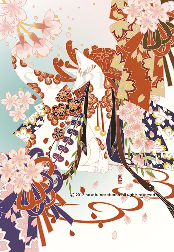ポストカード桜と狐　白狐黒狐4種8枚セット 4枚目の画像