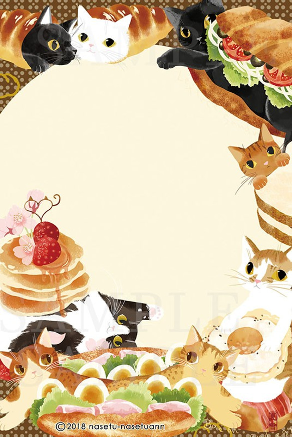メモ帳・椿と猫手拭いデザイン＆パンと猫　猫2種類2冊セット 2枚目の画像