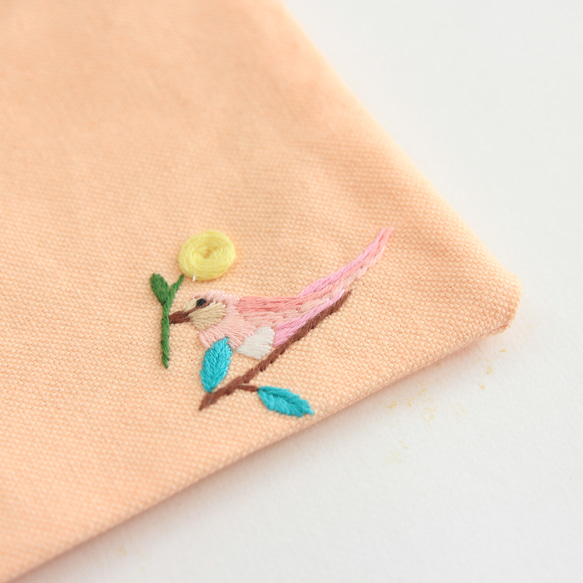 〈10㎝ファスナー〉ピンク鳥刺繍ポーチ 2枚目の画像