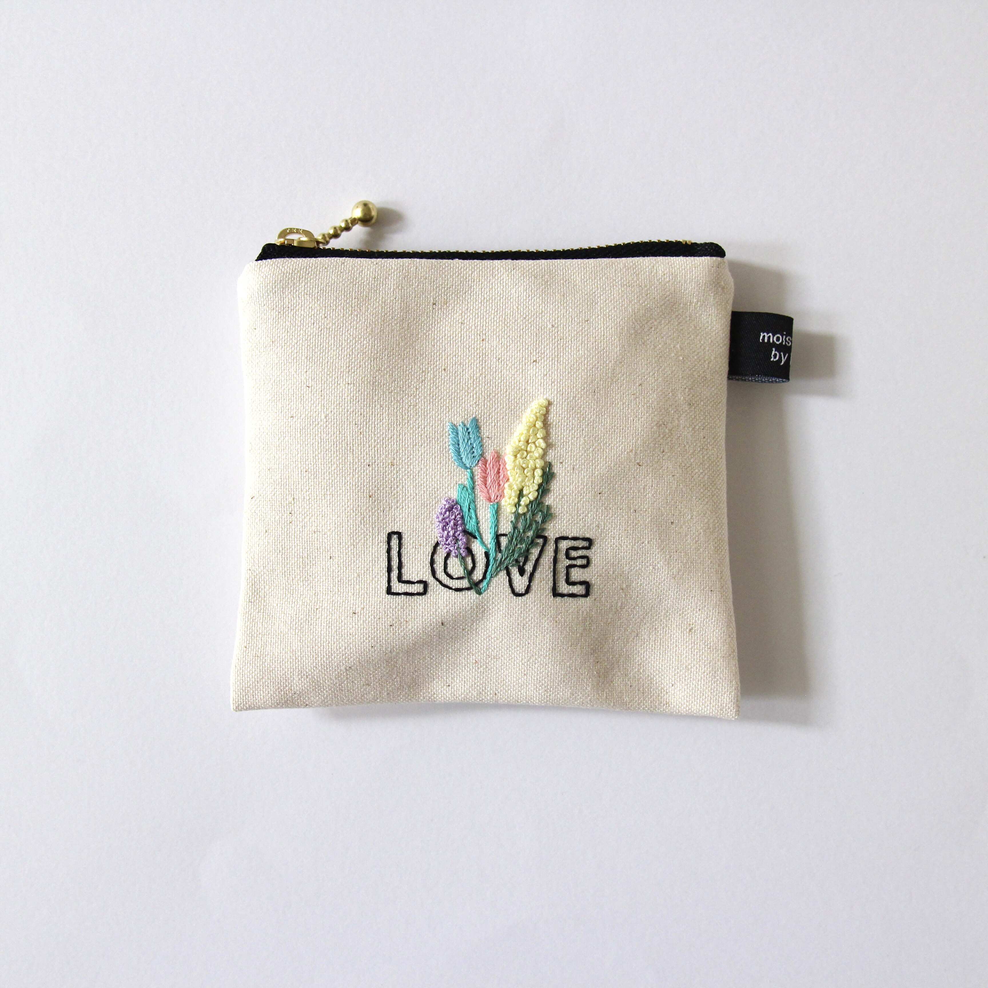 10㎝ファスナー〉LOVEに花 刺繍ポーチ ポーチ 手刺繍小物