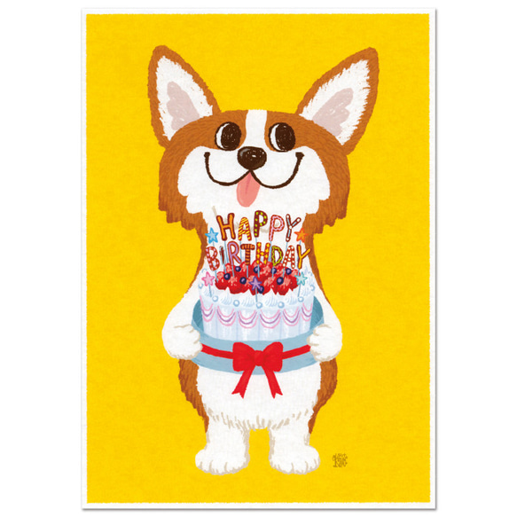 コーギー+ハッピーバースデー」A4アートポスター イラスト カツノフ
